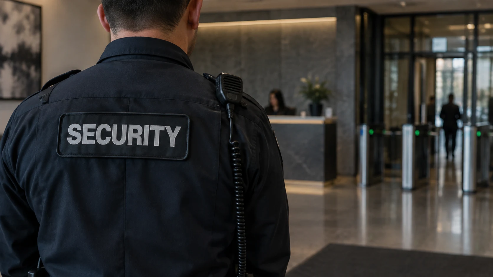 Security officer at a controlled building entrance